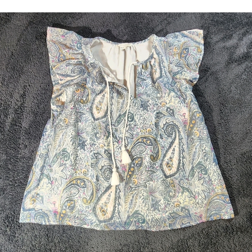Lucky Brand Boho Women's Blouse Size Large Blue White Paisley Peasant Top Tassel